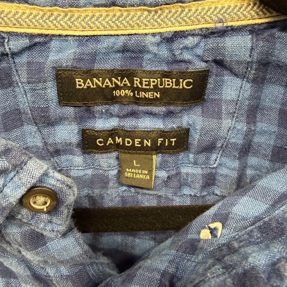 Banana Republic Camden Fit Blue Check Short Sleeve Linen Button Down Shirt Men L